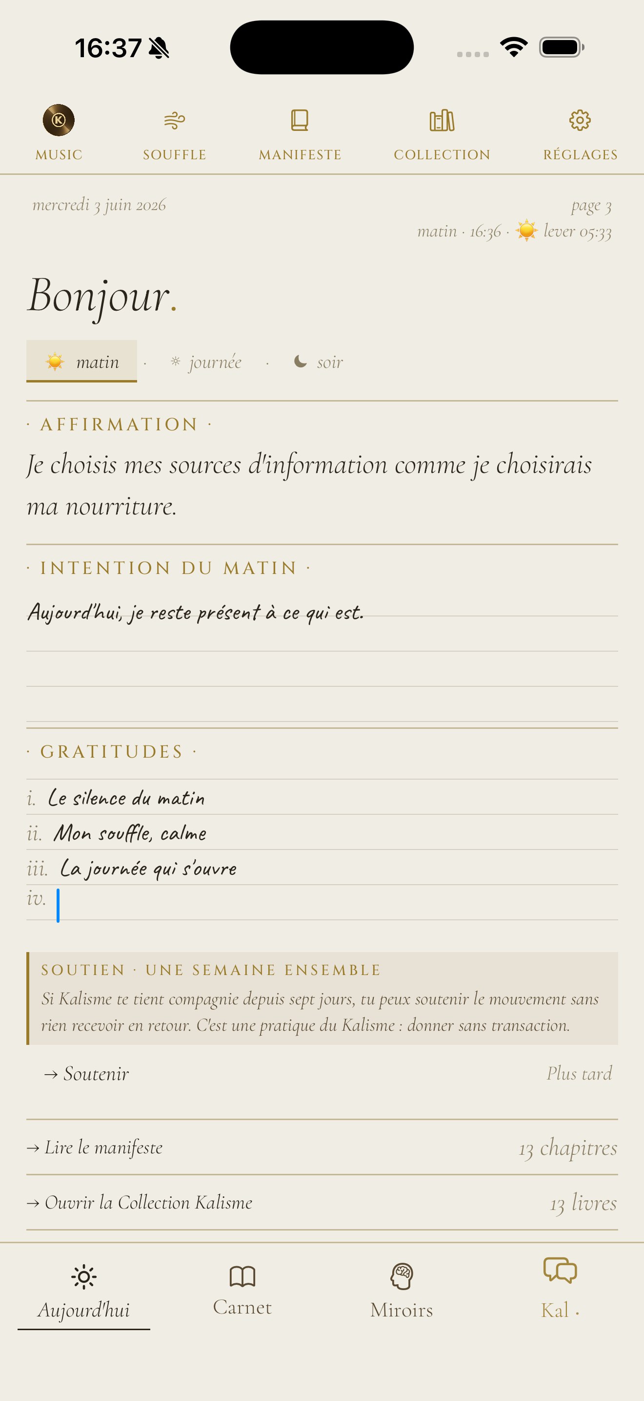 Aujourd'hui matin, Kalisme app