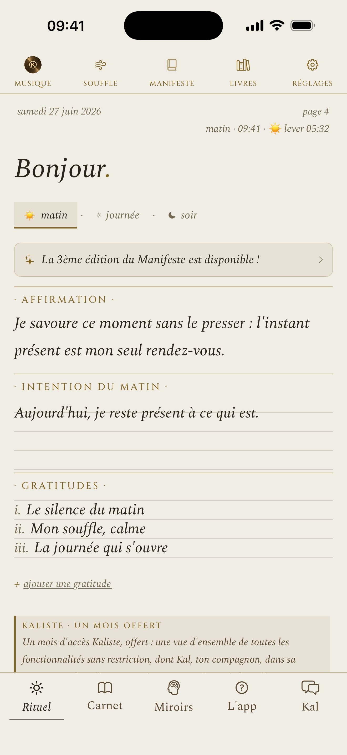 Aujourd'hui matin, Kalisme app