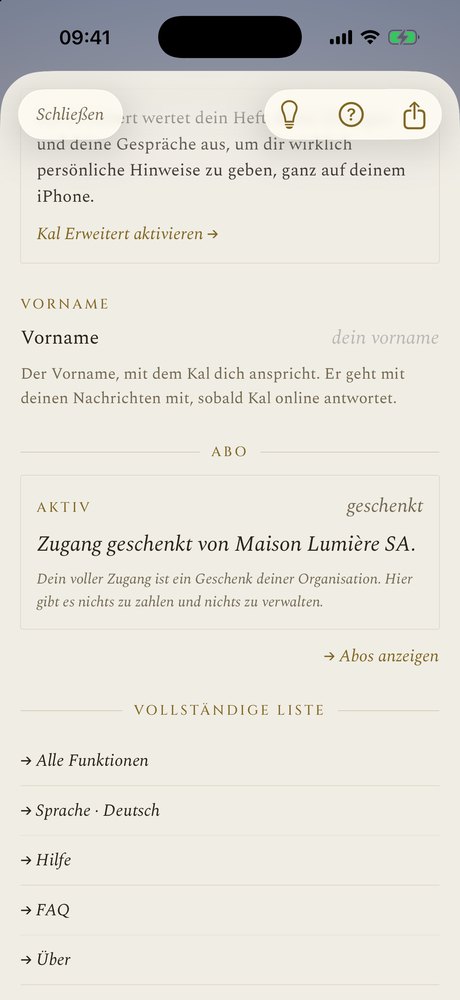 Die Einstellungen der App: die Karte „Zugang, den Ihre Organisation Ihnen öffnet“, nichts zu zahlen, nichts zu verwalten.
