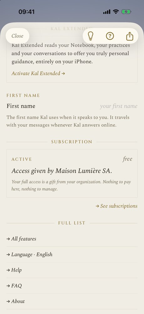 The app settings: the card “Access offered by your organization”, nothing to pay, nothing to manage.