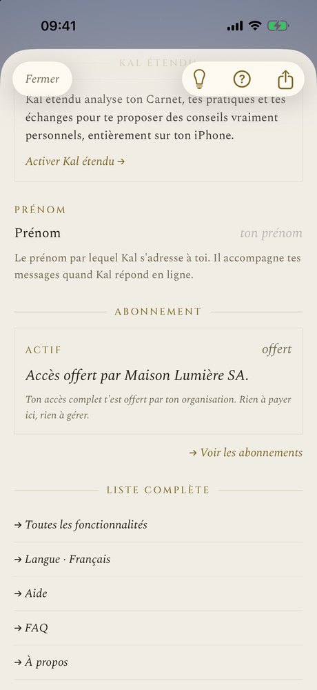 Les réglages de l’application : la carte « Accès offert par votre organisation », rien à payer, rien à gérer.