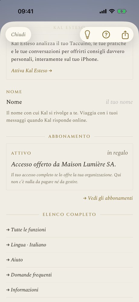 Le impostazioni dell’app: la scheda «Accesso offerto dalla Sua organizzazione», niente da pagare, niente da gestire.
