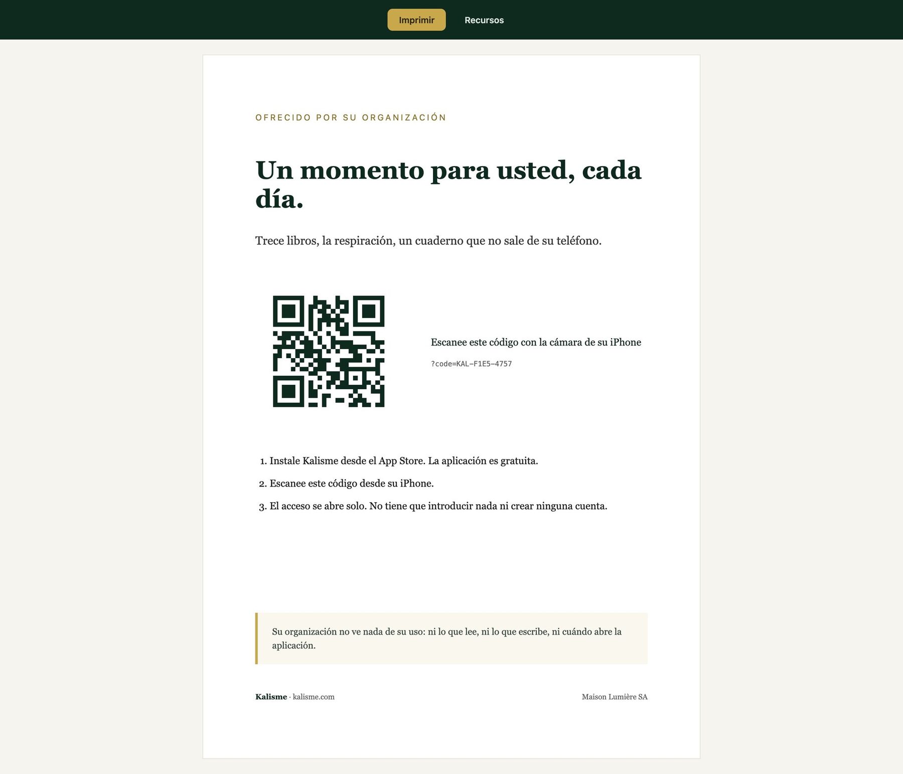El cartel A4 para imprimir, con el código QR del equipo y tres pasos para abrir el acceso.
