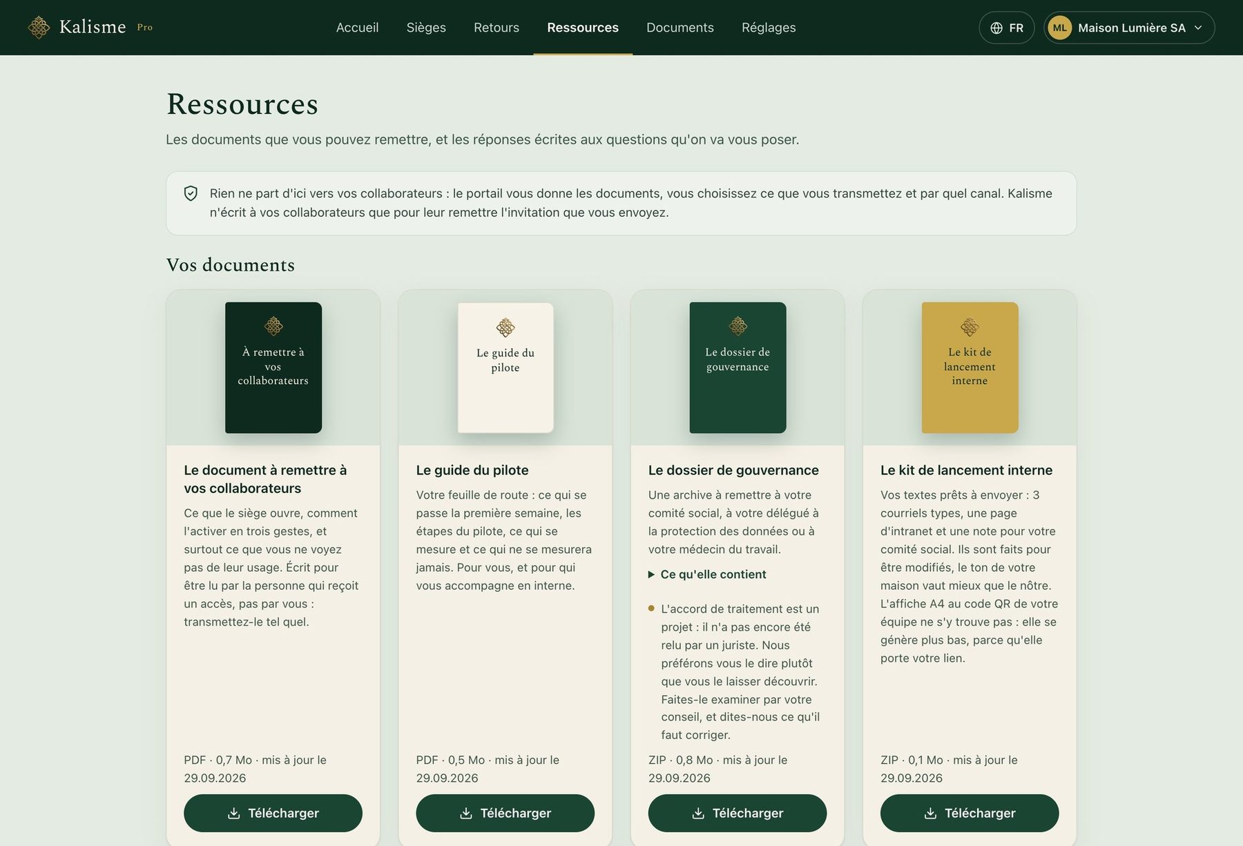 L’onglet Ressources du portail : les quatre documents à remettre, et les messages prêts pour vos équipes.