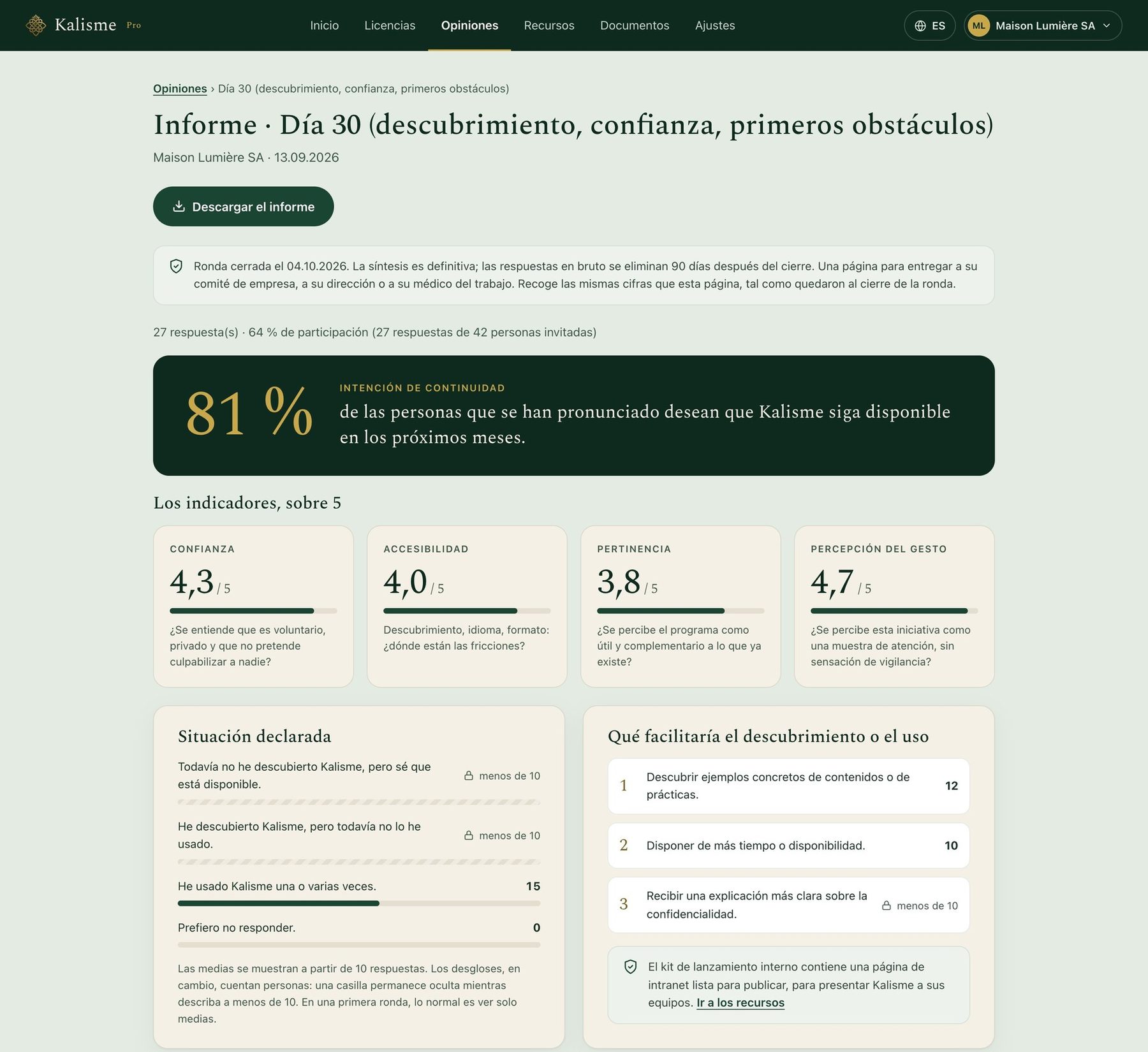 El informe de resultados de la ronda de opiniones voluntaria en el portal: la intención de continuar en grande, y después los cuatro indicadores puntuados sobre 5.