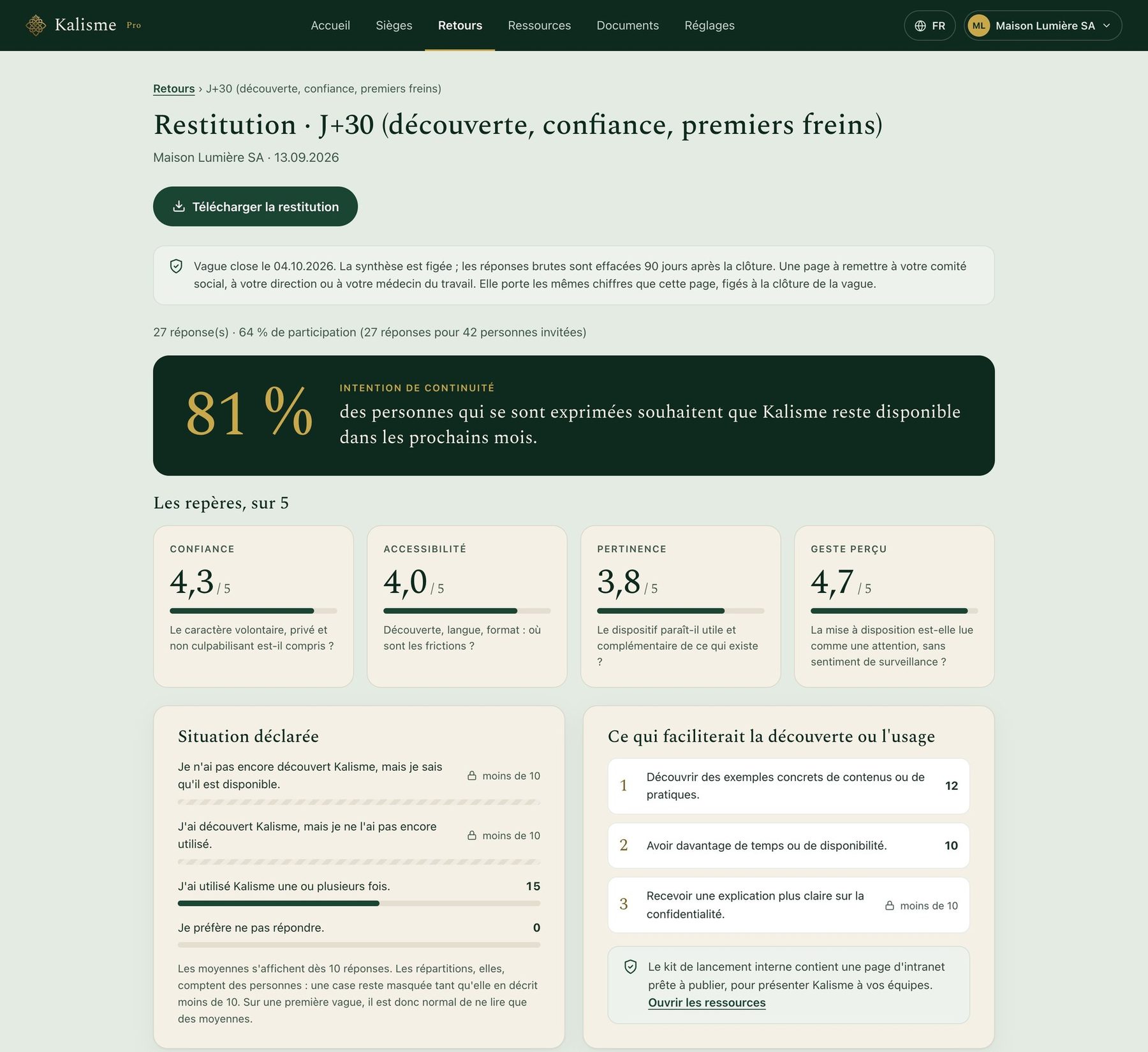 La restitution du retour volontaire dans le portail : l’intention de continuité en grand chiffre, puis les quatre repères sur 5.