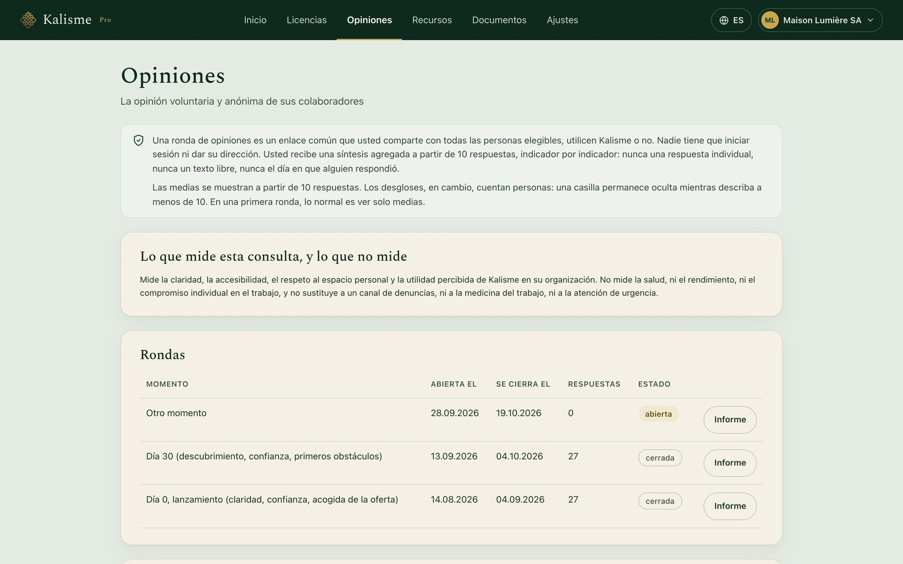 Las rondas de opiniones en el portal: una abierta, todavía sin respuestas, y dos cerradas, la del inicio y la de los 30 días, con 27 respuestas cada una.