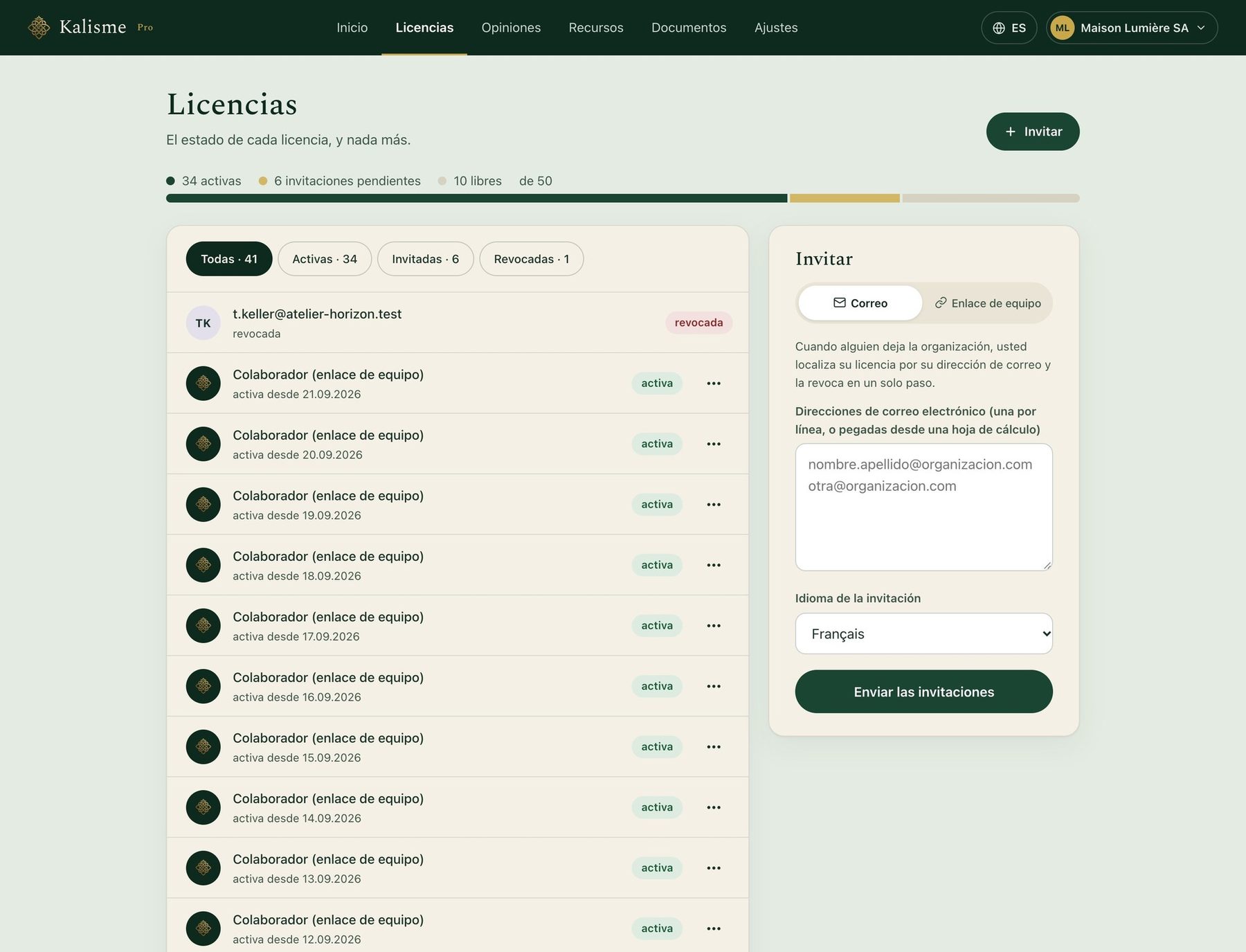 La pestaña Licencias del portal: el estado y la fecha de cada licencia, y la invitación por correo o por enlace de equipo; ningún dato de uso.