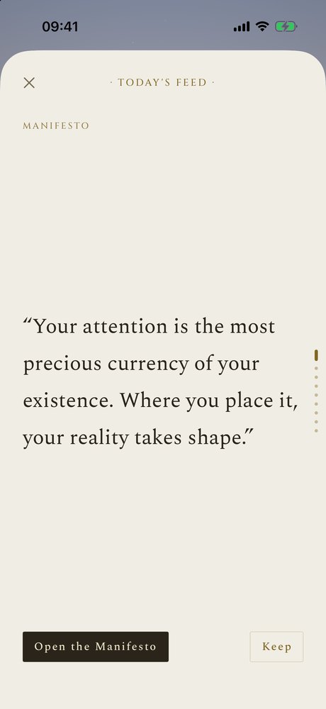 Today’s feed: ten cards at most, drawn from the books and the Manifesto, then an end.