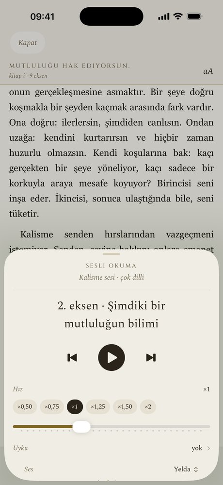 Bir kitapta sesli okuma açıkken Kalisme okuyucusu.