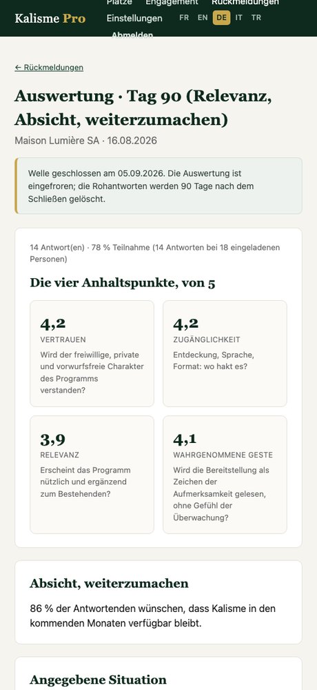 Die Auswertung der freiwilligen Rückmeldung im Portal: vier Anhaltspunkte von 5, Absicht weiterzumachen, Zellen unter 10 Personen verdeckt.