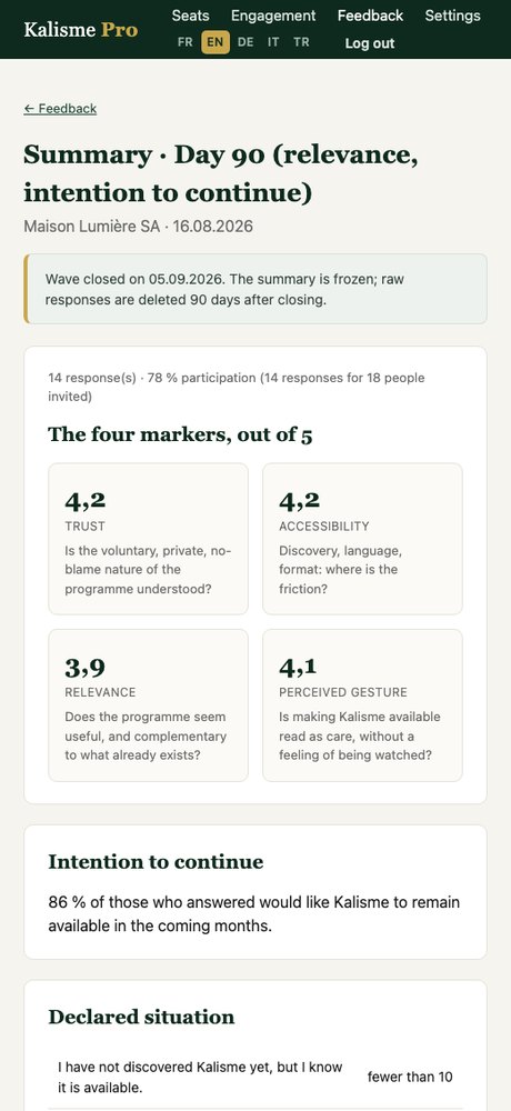 The voluntary feedback summary in the portal: four markers out of 5, intention to continue, cells hidden under 10 people.