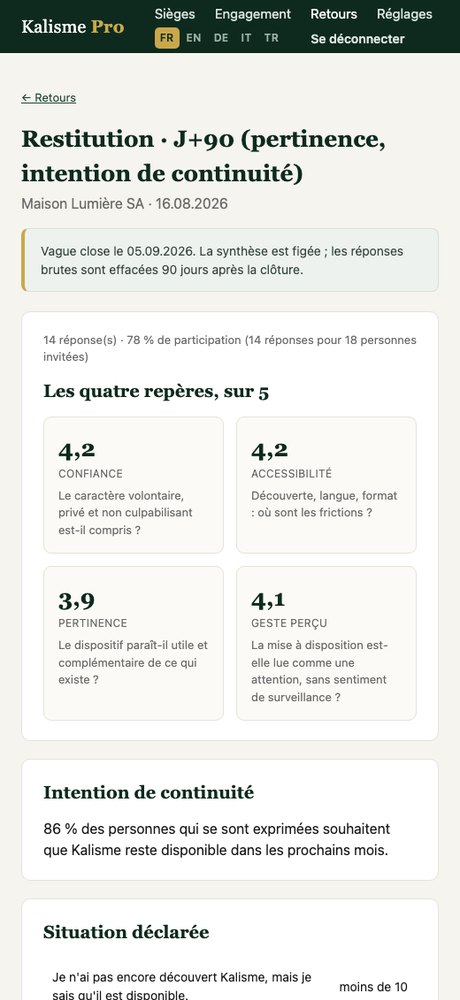 La restitution du retour volontaire dans le portail : quatre repères sur 5, l’intention de continuité, des cellules masquées sous 10 personnes.