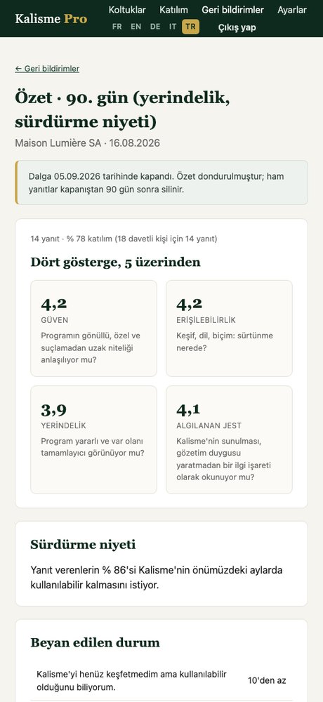 Portaldaki gönüllü geri bildirim özeti: 5 üzerinden dört gösterge, sürdürme niyeti, 10 kişinin altındaki hücreler gizli.
